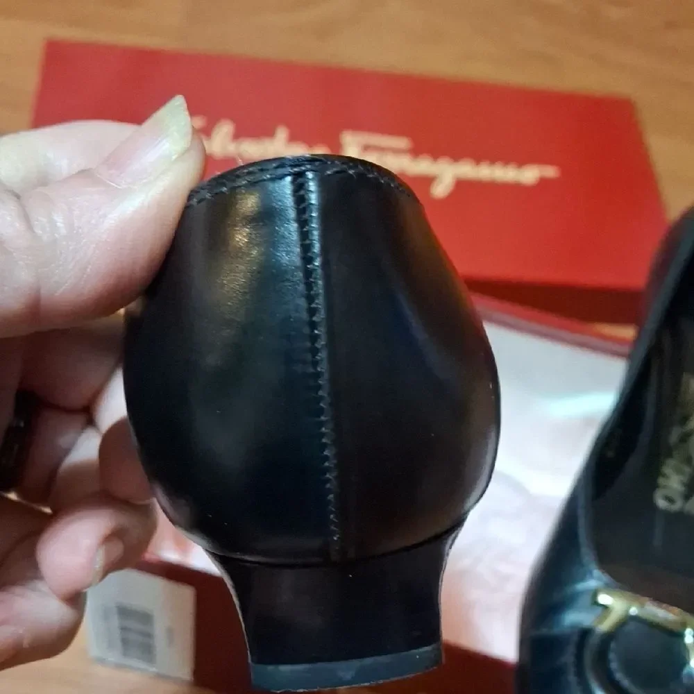 Salvatore Ferragamo Black Leather Heels with Gold Accent